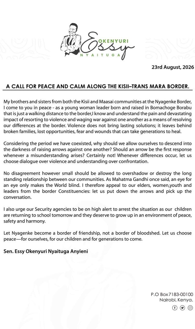 A call for peace and calm along the Kisii-Trans Mara border